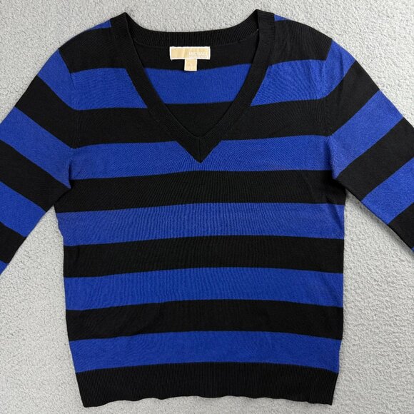 Michael Kors Sweater Womens Small S Blue Black Stripe V Neck Sequins Elbow Knit - Picture 2 of 10
